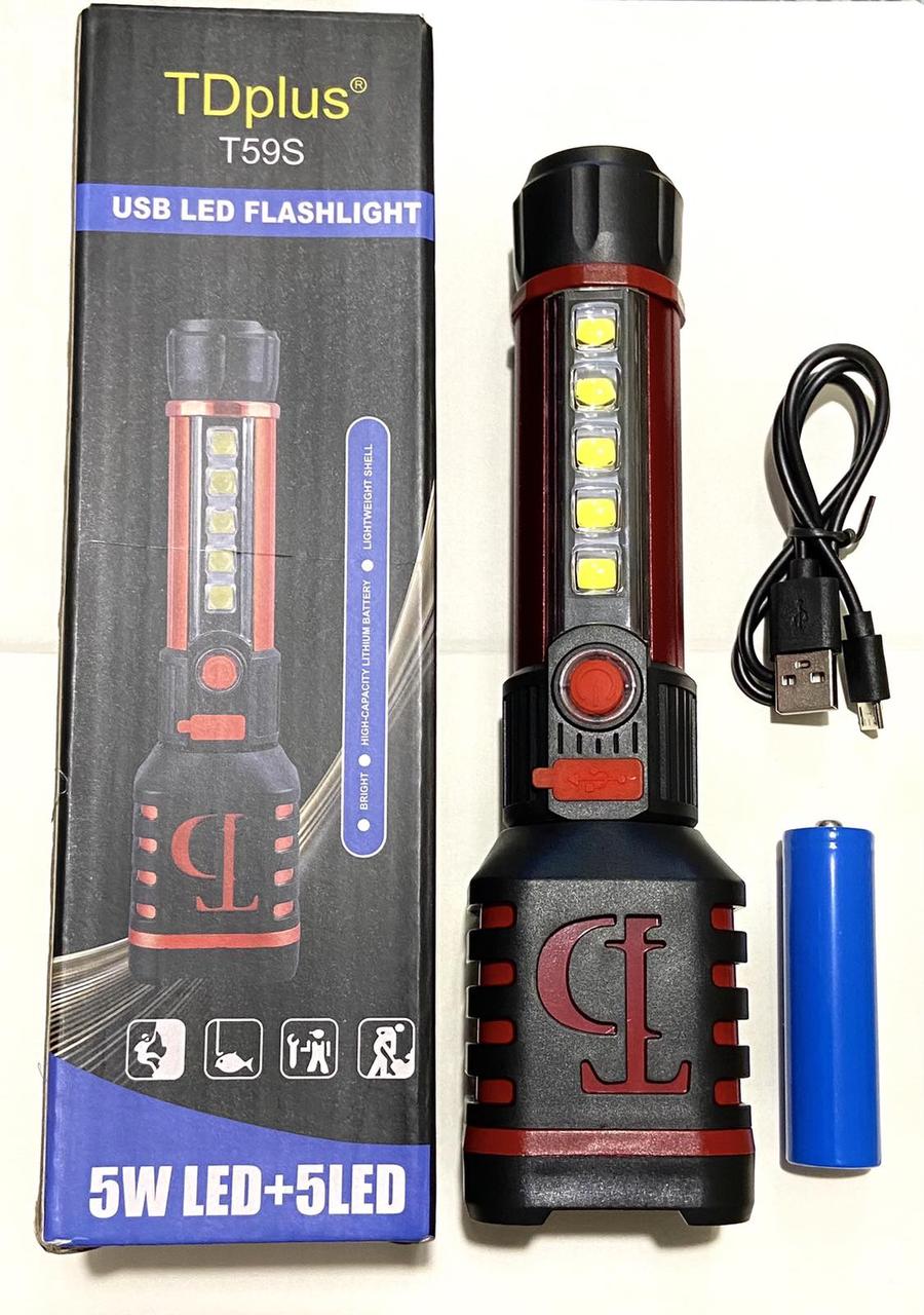Ліхтар ручний акумуляторний Т59S USB-зарядка + СОВ акумулятор 18650 Чорний з червоним