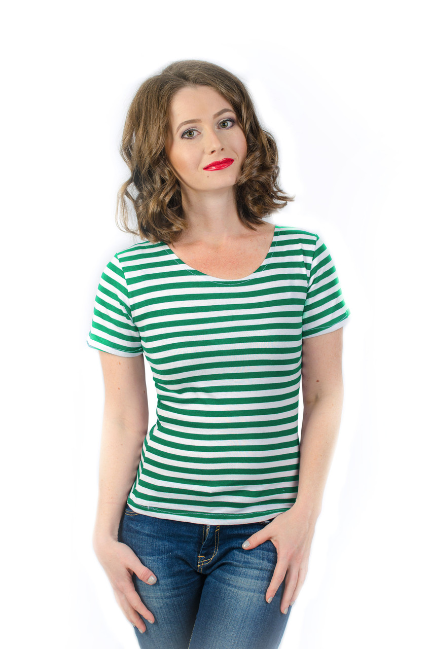 Футболка тільник жіноча Розмір 42 Зелена смужка 100% бавовна Одеські тільняшки, фото 1