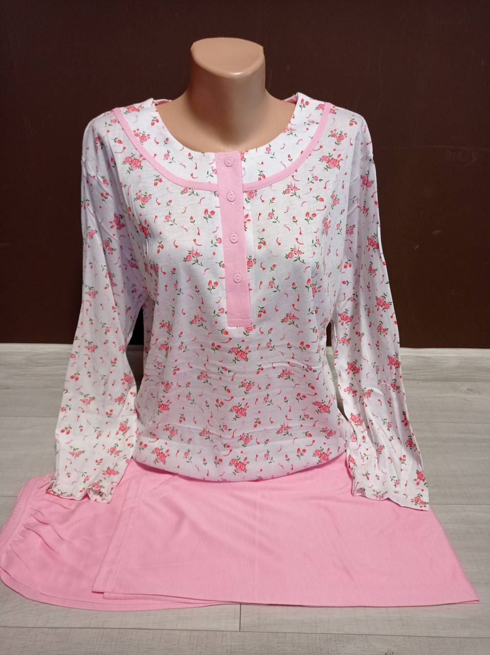 Піжама жіноча Туреччина  батал 48-52 розміри бавовна Квіти довгий рукав і штани малина рожева персик