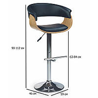 Барные стулья для кафе с регулировкой высоты H-45 дуб светлый и экокожа черного цвета на хромированной ножке