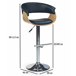 Барні стільці для кафе з регулюванням висоти H-45 дуб світлий та екошкіра чорного кольору на хромованій ніжці