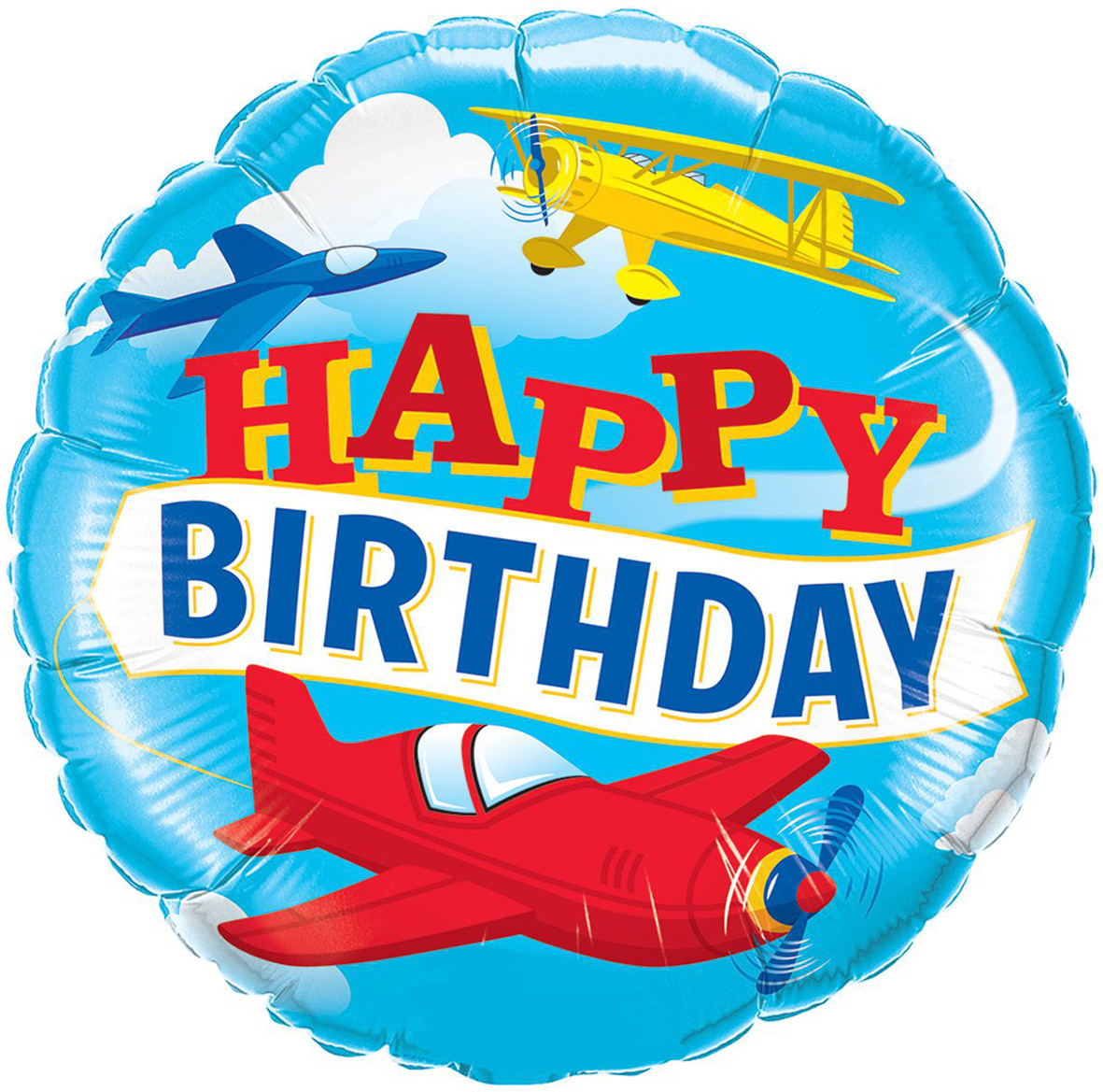 Фольгована кулька круг "Happy Birthday літачки" блакитна 18"(45см) 1шт.