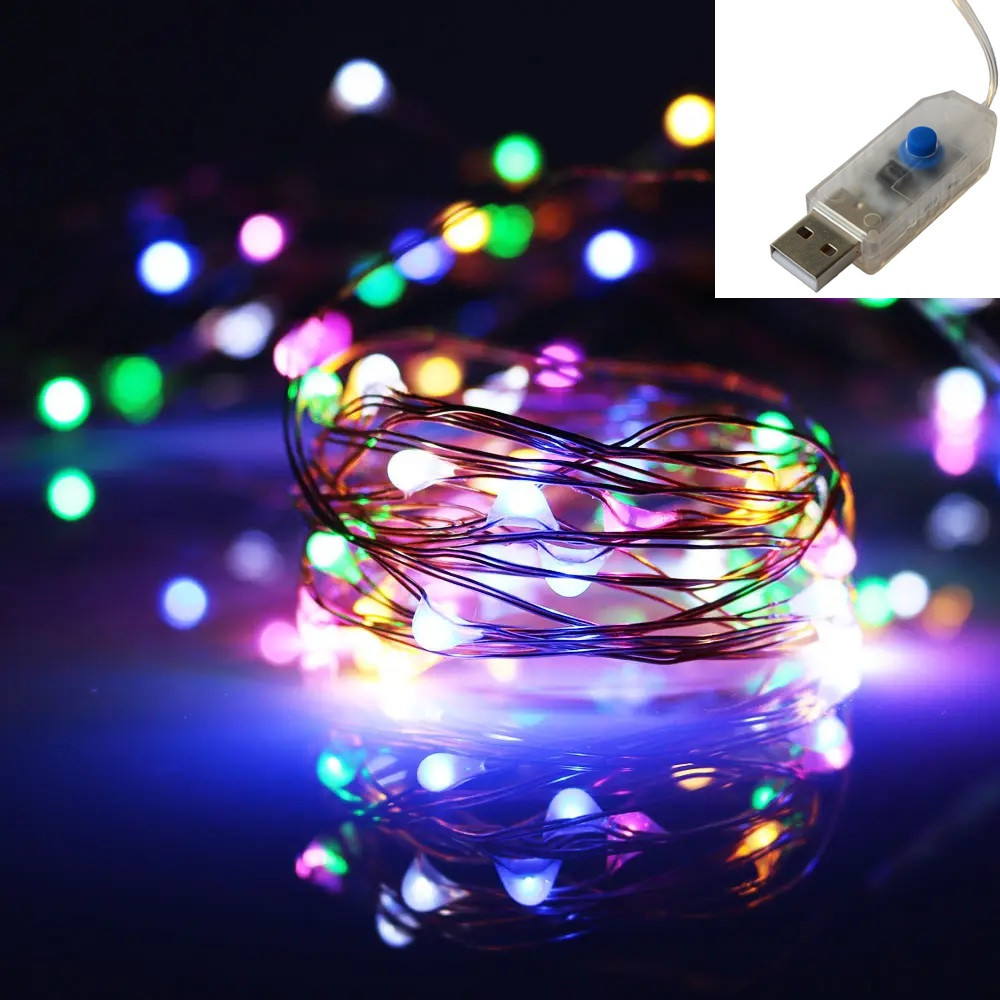Світлодіодна гірлянда 20 метрів 200 LED USB дріт, гірлянда від юсб, 8 режимів, мультиколір RGB