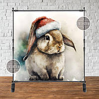 Баннер новогодний "Зайка / кролик. Символ 2023 года" в шапочке Санты 2х2м (фотозона) (без каркаса)