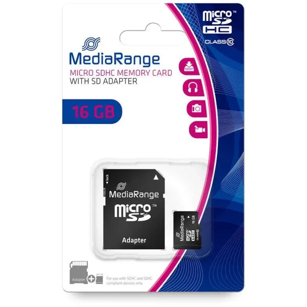Карта памяті MediaRange microSDHC 16GB Class 10 + SD адаптер (MR958)