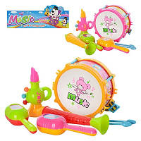 Набір музичних інструментів барабан, палички 2 шт., дудка 2 шт., маракаси, паковання 19-27-6,5 см