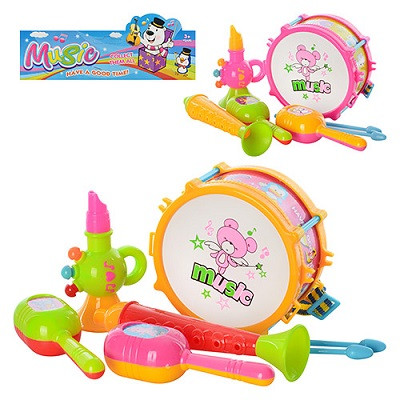 Набір музичних інструментів барабан, палички 2 шт., дудка 2 шт., маракаси, паковання 19-27-6,5 см