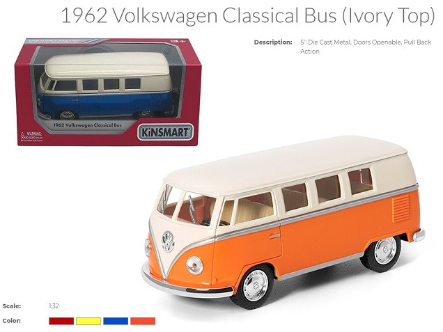 Модель автобус VOLKSWAGEN 1962 CLASSIC Ivory top метал, інерція, відчиняються двері