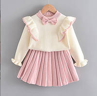 Детский тёплый вязаный костюм для девочки: кофта и юбка, бело-розовый
