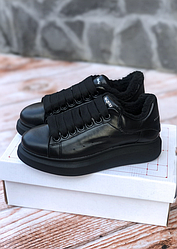 Жіночі зимові кросівки Alexander McQueen black fur взуття Олександр Маккуїн чорні шкіряні утеплені хутром