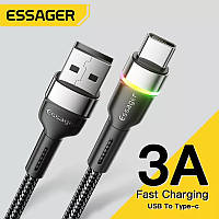 Оригінальний кабель Essager USB - Type-C LED Quick Charge 3A швидка зарядка Black 2м