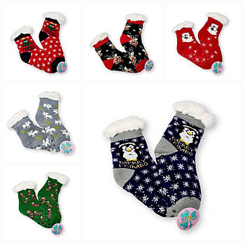 Дитячі новорічні домашні теплі хутряні шкарпетки з тормозами 28-31