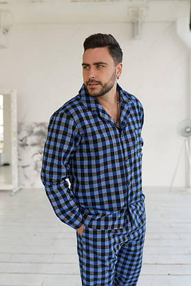 Чоловіча тепла піжама в карту синя з чорним, стильна тепла піжама для дому та сну сорочка та штани, фото 3