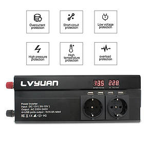 Інвертор Inverter 12V 230V 1000/2000W LCD, модифікована синусоїда, фото 3