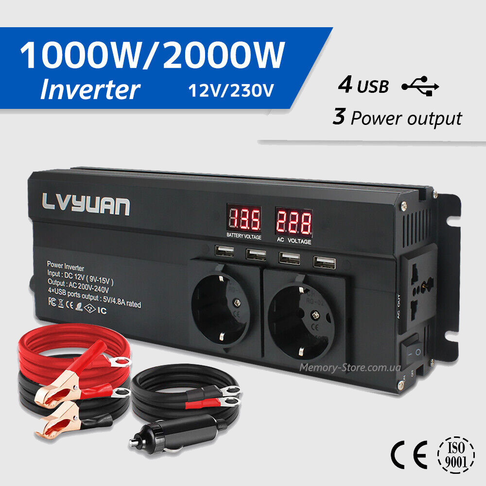 Інвертор Inverter 12V 230V 1000/2000W LCD, модифікована синусоїда