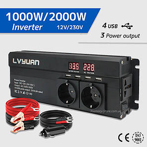 Інвертор Inverter 12V 230V 1000/2000W LCD, модифікована синусоїда, фото 1