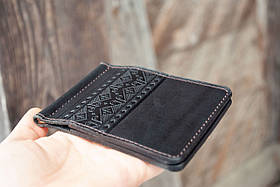 Прижим для грошей шкіряний чорний з тисненням Український орнамент