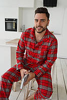 Мужская пижама в клетку хлопковая красная, стильная теплая пижама для парня дома и сна рубашка и штаны