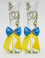 Свадебные бокалы для молодоженов в украинском стиле, Желто-голубой