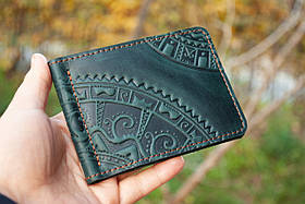 Прижим для грошей шкіряний темно-зелений з тисненням Чумацький Шлях