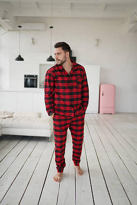 Чоловіча піжама в карту бавовняна модна, стильна тепла піжама для хлопця домашня для сну сорочка та штани, фото 2