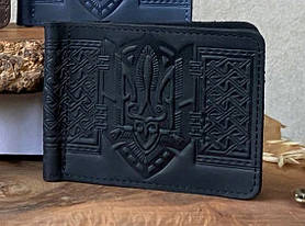 Прижим для грошей шкіряний чорний з тисненням Тризуб Герб України