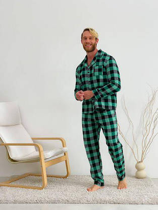 Чоловіча піжама зелена в карту модна стильна, чоловіча тепла піжама для хлопця комплект сорочка та штани, фото 3