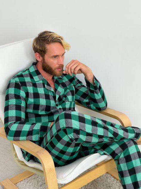 Чоловіча піжама зелена в карту модна стильна, чоловіча тепла піжама для хлопця комплект сорочка та штани
