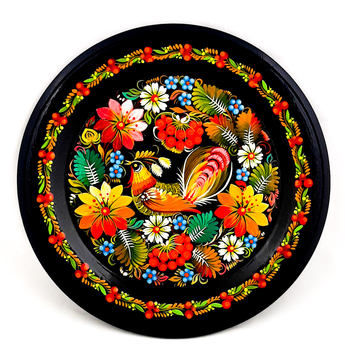 Настінна тарілка декоративна сувенірна кругла з дерева Петриківський ручний розпис СОЛОВЕЙ в КВІТАХ d25см, фото 1
