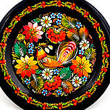 Настінна тарілка декоративна сувенірна кругла з дерева Петриківський ручний розпис СОЛОВЕЙ в КВІТАХ d25см, фото 2