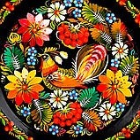 Настінна тарілка декоративна сувенірна кругла з дерева Петриківський ручний розпис СОЛОВЕЙ в КВІТАХ d25см, фото 3