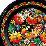 Настінна тарілка декоративна сувенірна кругла з дерева Петриківський ручний розпис СОЛОВЕЙ в КВІТАХ d25см, фото 4