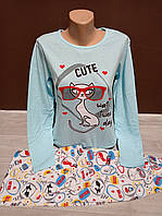 Пижама подросток для девушки Турция Кошечка 12-18 лет длинный рукав и штаны 100% хлопок
