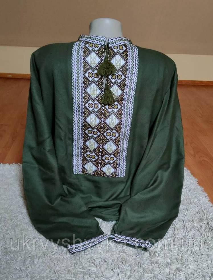 Сорочка кольору хакі ручної вишивки "Тризуб"