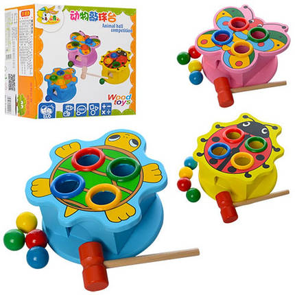 MD 0045 Дерев'яна іграшка Струкалка молоток, кульки 4 шт., коробка 19-18-12 см, фото 1