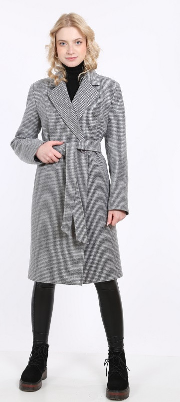 Пальто жіноче демісезонне з поясом та двома кишенями Актуаль 009 квадратик графіт, 46