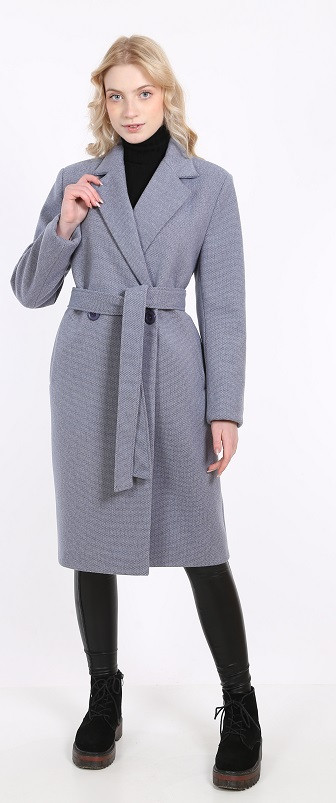 Пальто жіноче демісезонне з поясом та двома кишенями Актуаль 009 дрібна клітинка блакитна, 42