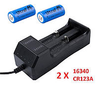 Комплект: 2 шт - аккумулятор CR123A, CR123, 16340 Ultrafire 1200 + зарядное устройство с USB - JR2020-2