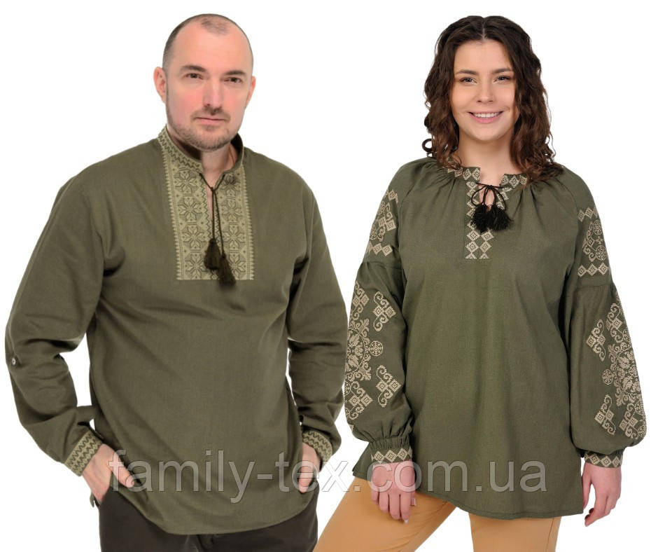 Жіноча стильна  вишиванка, льон " Купава" (хакі), розміри M, XL, фото 1