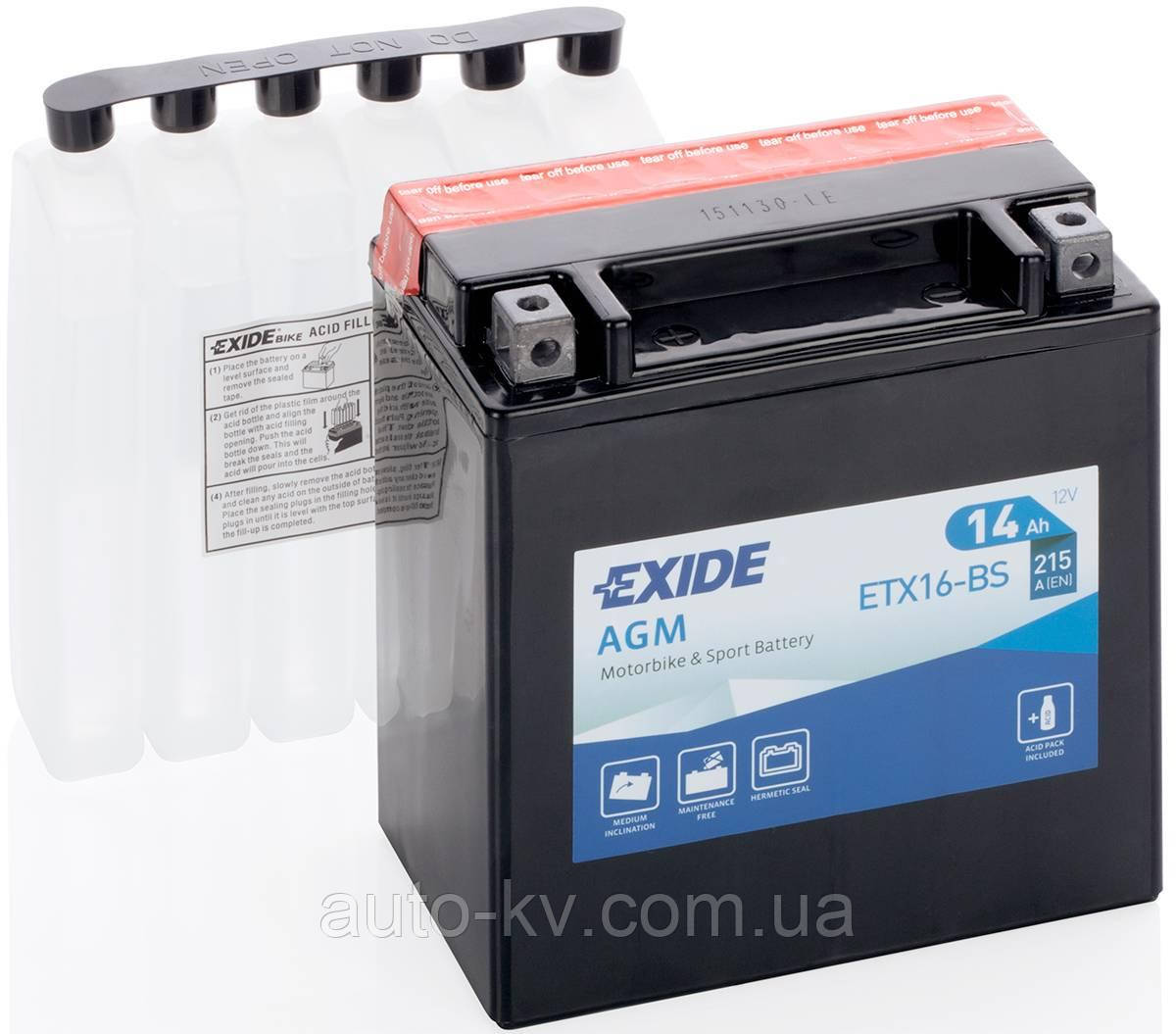 Акумулятор сухозаряджений EXIDE ETX16-BS = YTX16-BS, AGM, 14 Ah, 215 А