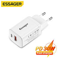 Быстрое зарядное устройство Essager Fast Charger 30W (USB-C+USB-A) QC PD 3.0 White для IPhone 12 13 14 Xiaomi