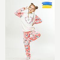 Теплая домашняя одежда для девочек Детская зимняя пижама для сна и отдыха розовая с сердечками и совами 116