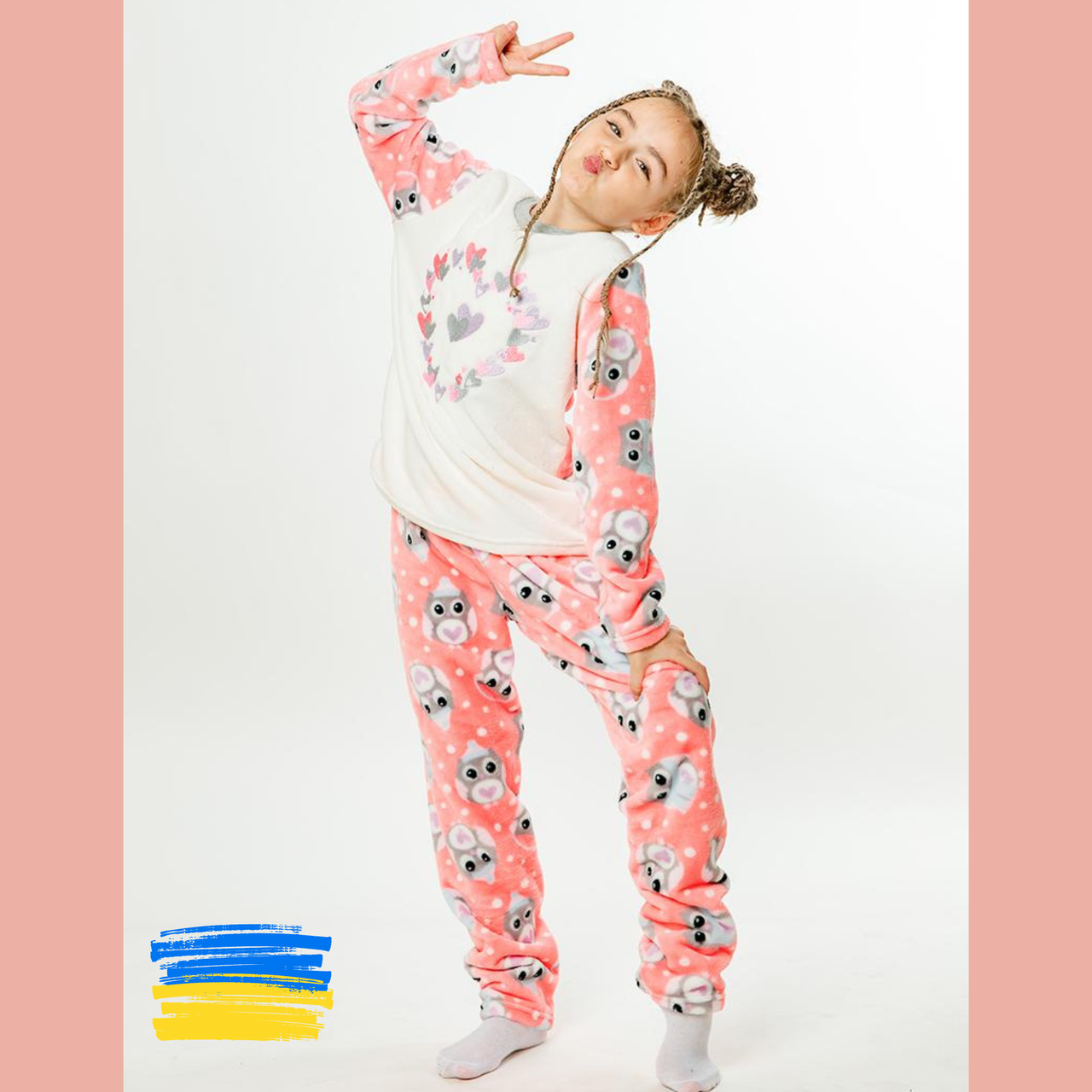Теплий домашній одяг для дівчаток Дитяча зимова піжама для сну та відпочинку рожева із сердечками та совами