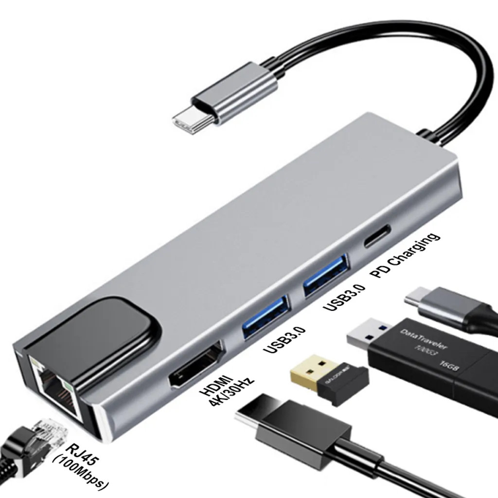 5 в 1 USB-C Type-C до HDMI RJ45 HUB ТВ-адаптер 4K Кабельний розгалужувач HUB