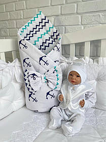 Урочистий весняний набір на виписку з пологового будинку, в коляску для хлопчика Хвиля Lari Білий з синім