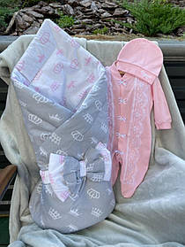 Святковий набір на виписку з пологового будинку для дівчинки весна / осінь Корона розмір 56 см Lari Сіро-рожевий