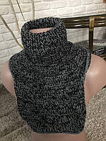 Мужской шарф с горлом (манишка) стильный и теплый, в две нитки - черная и серая \ вязанная