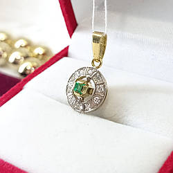 Класична вінтажна золота підвіска з смарагдом та діамантами