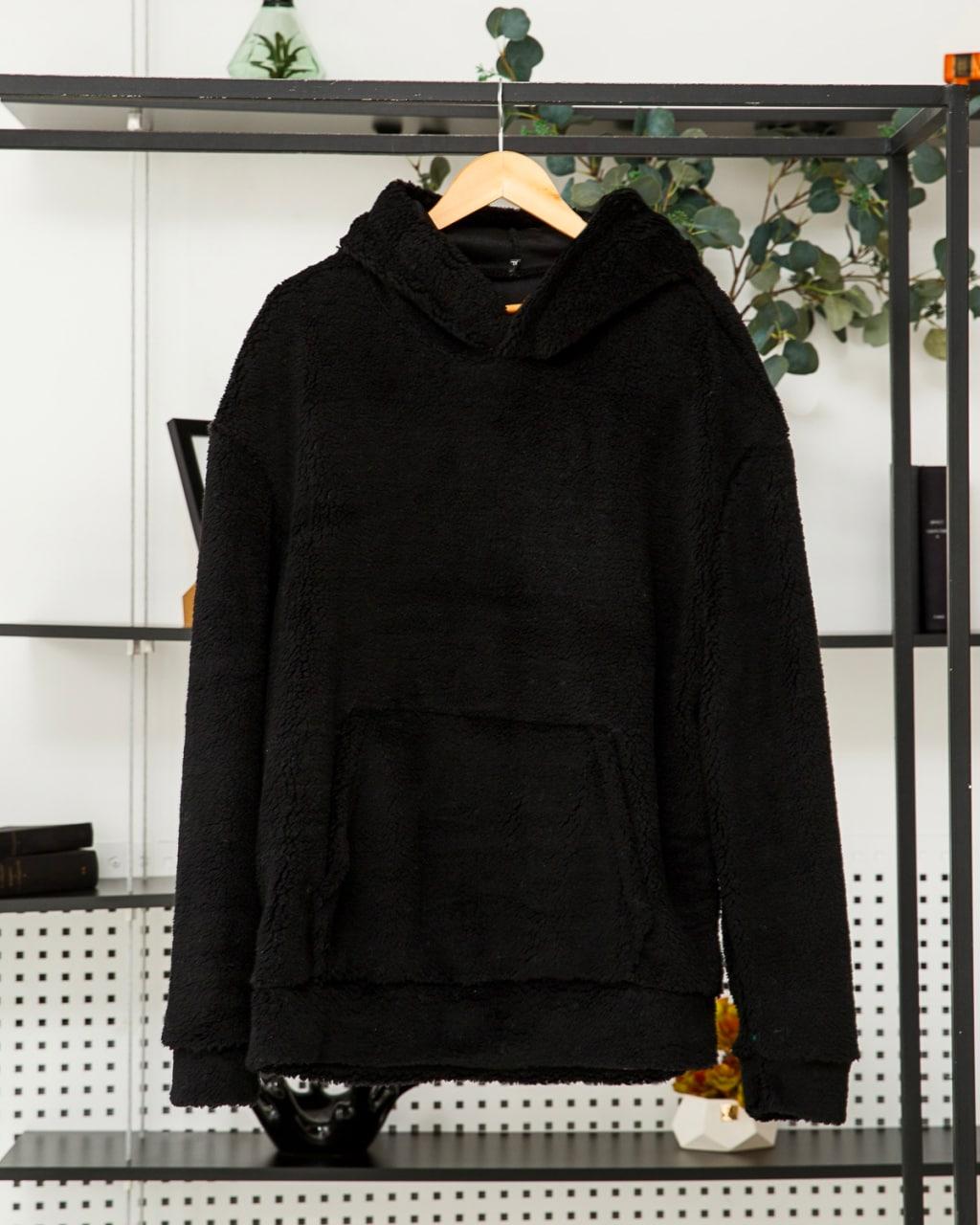 Худі кенгуру чоловіче оверсайз плюшеве чорне тепле м'яка кофта плюш із капюшоном молодіжна, фото 1