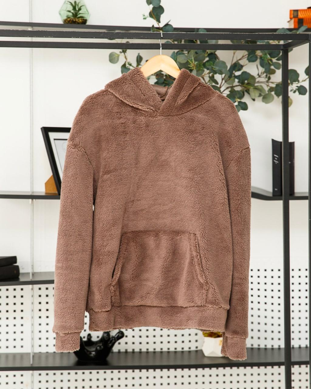 Худі кенгуру чоловіче оверсайз плюшевий коричневий теплий м'яка кофта плюш із капюшоном молодіжна, фото 1